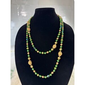 Vintage Green and Gold Beaded Long Strand Necklace Iridescent Accents 30 Inch